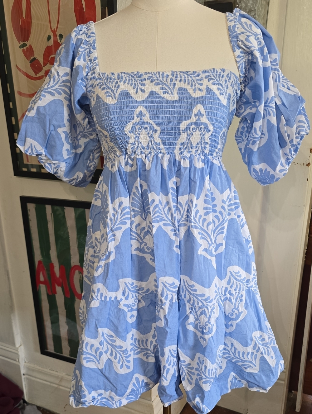8 Oak Lane Santorini Smocked Square-Neck Puff Sleeve Mini Dress Blue & White